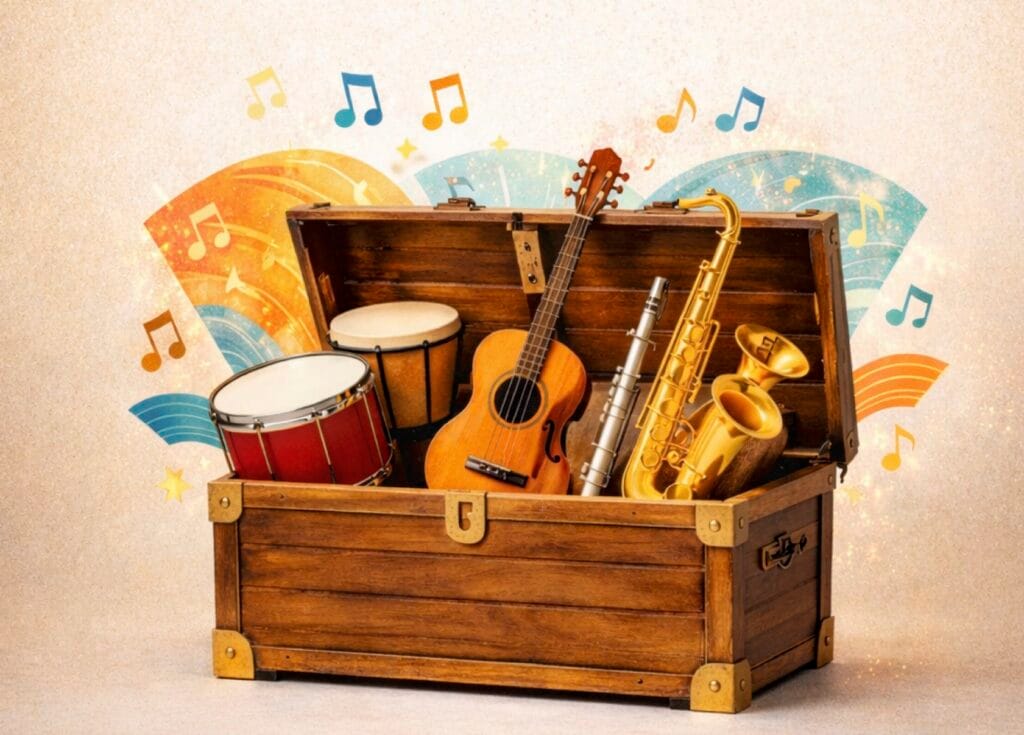 Illustration d'une malle remplie d'instruments de musique