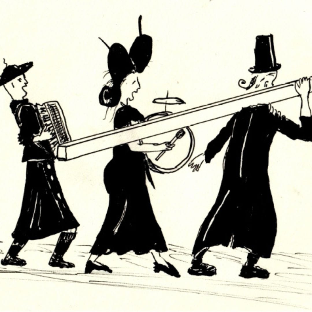 Dessin de trois bonhommes avec des instruments
